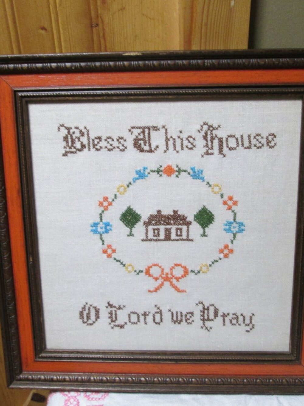 Vtg cross stitch framed handmade bless this house underglass 8x12